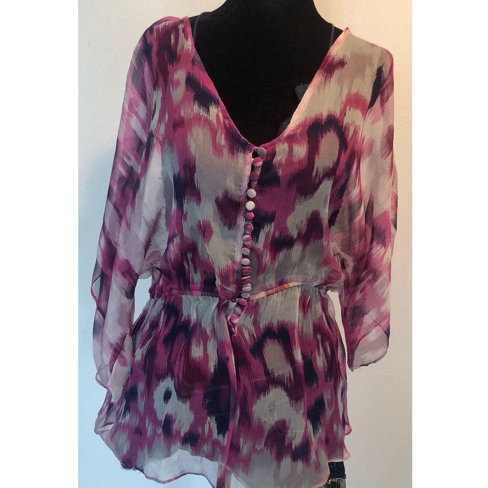 Gibson-Boho Purple V-Neck Button Up Silk Blouse-S